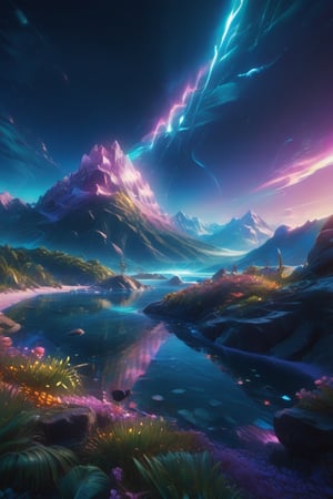 A tropical crystal landscape, drenched in the iridescent hues of a fantasy synthwave atmosphere, seen through the artistic sensibilities of Robin Moline or Dave Coverly, UHD resolution, vivid colors, rich with intricate details. Highlighted by a masterful play of shadows and light generating sense of depth, realism, dramatic lightning, extreme detail, digital painting, poised intricacies. Trending on ArtStation, realized with sharp focus, studio-grade rendering, perfect composition, digital render,style of Edvard Munch,Renaissance Sci-Fi Fantasy