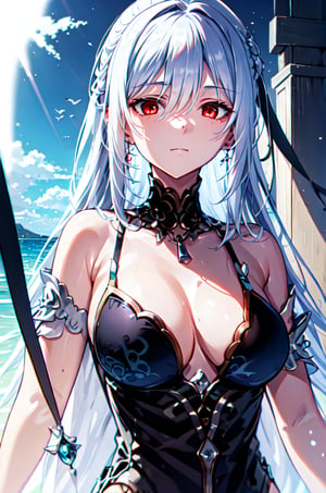 Super small black swimsuit, big breasts, looming, solo, cleavage, 1girl, upper body, highest quality, sea, black eyeband, holding a child with white hair and red eyes
