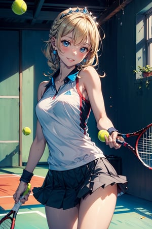 (masterpiece background:1.5),  (sense of deps),  (absurdres),  (4k),  (best quality),  (ultra detailed),  (highres),  (illustration:1.4),  ,  (detailed hair:1.3),  (detailed skin:1.3),  (indoor:1.5),  (:1.3), tennis court in background,  ,  BREAK,  (),  (, 14yo, cute:1.3, princess),  (blonde hair,  medium hair,  french_braid, beautiful detailed hair,  )(She wears star earrings),  (tiara on head),  (beautiful detailed eyes,  blue eyes),  (hanging breasts:0.3),  BREAK,  ( cowboy shot),  breasts focus, ,smile:1.3  ,  blush:1.2,  (blush and look down to the right),  BREAK,  (Hold one tennis racket in each hand and bend forward :1.4) , (tennis:1.3), autumn_leaves:1.3, (:1.3),gym,sports_uniform,playing_tennis, 