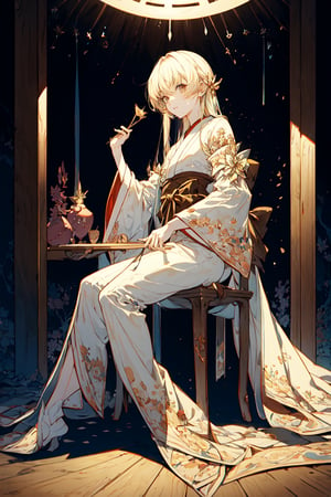 Very detailed illustration of Chii from chobits, sitting in a japanese room, white pajama, brown eyes, innocent looking, full body zoomed, detailed japanese room environment, cartoon, CLAMP Studio merged with league of legends, art by MSchiffer, fantasy, cartoonish vector, anime, manga, tetradic colors, (cel-shaded) flat coloring, night