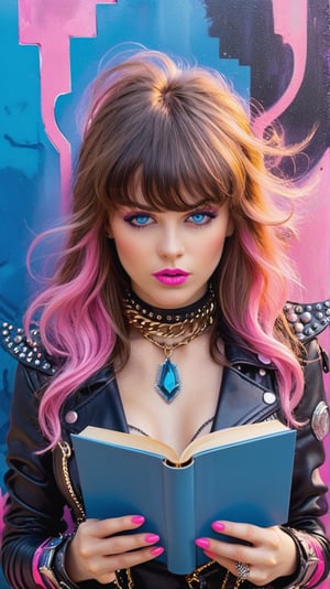 Illustrate a female rocker portraying a 35-year-old woman with long brown hair and bangs, medium-sized blue eyes, and soft pink lips. biker chick with chains and spikes, ferocious expression . standing straight, she holds a fiery book in one hand and a brush in the other. Place her against a cool and imaginative background that evokes the essence of her passions. The woman's face should radiate a joyful and passionate expression, with a playful glint in her eyes. The background should be filled with whimsical elements related to books, painting, and Lego, creating hard rock scene.