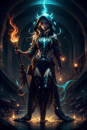 masterpiece, Rogue assassin girl, wearing a hood, blonde hair, shrouded in shadows, holding a flaming dagger in each hand, vibrant glowing abyssal colors, entirely in frame, FULL BODY, radiating electrical energy, shoulder length messy hair, Full body, Beautiful anime waifu style girl, hyperdetailed painting, luminism, art by Carne Griffiths and Wadim Kashin concept art, 8k resolution, fractal isometrics details bioluminescence , 3d render, octane render, intricately detailed , cinematic, trending on art station Isometric Centered hyper realistic cover photo awesome full color, hand drawn , gritty, realistic, intricate, hit definition , cinematic, Rough sketch, bold lines, on paper, vibrant, epic, ultra high quality model,1 girl,fantchar,Circle