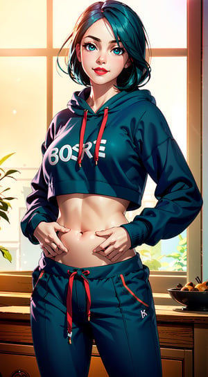 1 girl, beautiful Japanese girl, (cute loose Bob hair), (wearing a cropped hoodie, capri pants: 1.5), (hands in pockets: 1.5), (red lips: 1.3), (big breasts: 1.3), (toned) stomach: 1.3), (eyelashes: 1.2), (aegyo sal: 1.2), beautiful detailed eyes, symmetrical eyes, (detailed face), surround background, volumetric haze, global illumination , soft lighting, (loose hair), (bright smile), natural lighting, (realistic: 1.5), (realistic: 1.4), (4k, digital art, masterpiece), high-detail digital painting, realistic , (premium quality), (soft shadows), (best character art), ultra high resolution, highly detailed digital artwork, physical rendering, realism with an artistic touch, vibrant colors, f2.2 lens, soft palette, beauty natural, natsumi kyouno