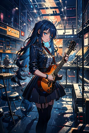 anime coloring, country music, black leather, garter music, upright, epic bass, girl playing a classical guitar, guitarist, girl playing a guitar, playing a concert, anime style, blue hair, best quality, masterpiece, highly detailed, eyes black, long hair.,glitter