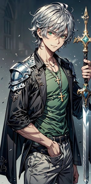 (best quality, masterpiece, illustration, designer, lighting), (extremely detailed 8k CG wallpaper unit), (detailed and expressive green eyes), detailed particles, beautiful lighting, a handsome boy, short black messy hair, ( wear a gray mercenary suit with sleeves rolled up, with a silver cross necklace, holding a silver sword while resting it on his shoulder) smile, slim and fit physique (Eugene from the novel Damn Reincarnation), (Pixiv anime style) , (Wit studios), (manga style),