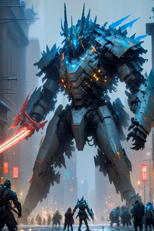 A giant robot, wearing armor with a strip of bioluminescence light, fighting with a giant monster a kaijuu, holding a sword (the sword has cracks and crevices filled with bioluminescence light), the two are in a city, high resolution, 8k , cool color, muscular body, (full body), mecha, Origami,painting by jakub rozalski