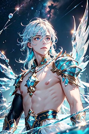 male focus,beautiful detailed glow,detailed ice,beautiful detailed water, (floating palaces:1.3),(((ice crystal texture wings))),stars in the eyes, messy floating hair, colored inner hair, Starry sky adorns hair, (lots of big colorful Bubble), (pearl), (Galaxy), depth of field,
