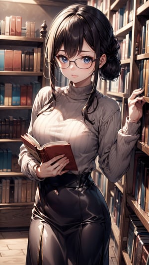 one beautiful girl,{masutepiece}, ((Best Quality)), hight resolution, {{Ultra-detailed}}, {extremely details CG}, {8k wall paper},kawaii,anime, Library Ladder, Climbing to reach a top-shelf book, Evening, Books of various sizes surrounding her, Vertical view of the tall bookshelf, Warm overhead lighting, Focus on her curiosity, Leather and paper Texture, Knowledge-seeking Mood, Wearing glasses and a sweater, Hair in a loose bun.