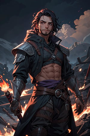 real,princess, crown, atmospheric scene,  masterpiece,  best quality,  (detailed face,  detail skin texture,  ultra-detailed body),  (cinematic light:1.1), r0seb7rne-smf |
((1boy)), long black hair, (small thick eye red), old but armor , clothes of the character Gerald de Ridea, metal necklace of a wolf, body thin but masculine, warrior facial expression, apocalyptic fantasy landscape, science fiction, cinematic blur, dynamic lights.,witcher, (iris of the black eyes) red eyes, real,king, crown, muscular_body, muscular, beard, sword in hand, fire, battlefield, broken armor, dark sky, purple clouds, black feather coat, large coat, night watch coat, 