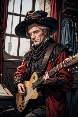 (masterpiece, best quality), musician. While playing a guitar, medieval clothing style, high resolution details, 60 year old man, wearing a hat