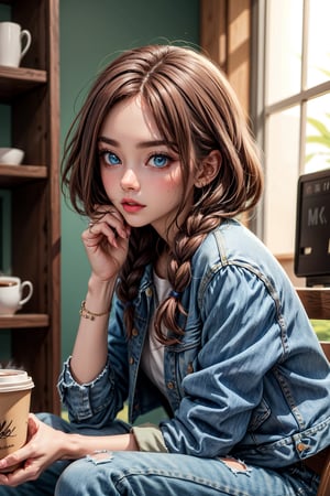 long hair, blush, blue eyes, sexy, brown hair, brown hair, jeans, braid, upper body, denim jacket, coffee, sitting, casual, dynamic pose, miku nakano