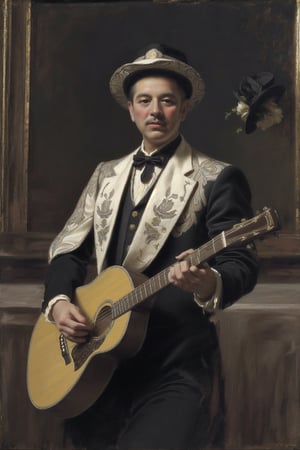 man in bright mariachi costume playing guitar with a microphone, hat and black color mariachi costume, masterpiece, classic oil painting style