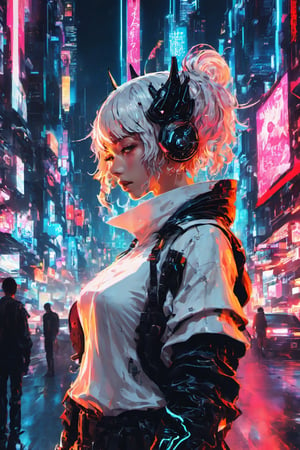 1 anime girl,full dress, Glowing White dress,White angel_wings,((saint's halo:0.8)),non-playable character (NPC), standing in a city at night, a standing still,((side angle shot,Half body view)),2019 anime trends,eboy,cyberpunk influences,digital cyberpunk art,ArtStation, Beeple, and Pinterest,Tron and Lucifer,(AMOLED display colors),((atmospheric with modern cyberpunk influences)),detailed lighting,highly stylish,1 angel,an anime wallpaper.,Leonardo Style,dripping paint,oni style