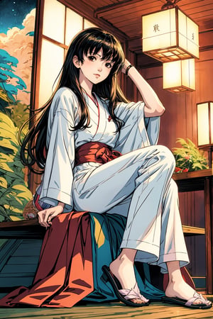 Very detailed illustration of Chii from chobits, sitting in a japanese room, white pajama, brown eyes, innocent looking, full body zoomed, detailed japanese room environment, cartoon, CLAMP Studio merged with league of legends, art by MSchiffer, fantasy, cartoonish vector, anime, manga, tetradic colors, (cel-shaded) flat coloring, night