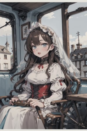 Beautiful young adult women with gorgeous face full pour red lips, light blue colored eyes, dark red long wavy hair, daydreaming inside a carriage, looking out the carriage window historical setting, wearing brown plain dress with corset, veil cover her face but not her eyes