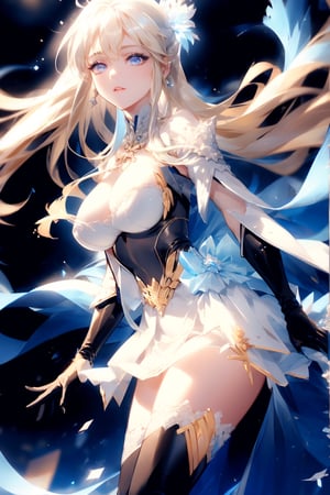 ponytail, shawl, belt,large breast,sim, black leather gloves, white sleeves, transparent mini skirt, white boots, blonde hair, blue eyes,  genshin impact, blowing,  (((masterpiece))),(((best quality))),((ultra-detailed))((extremely detailed CG)),((8k_wallpaper))((an extremely delicate and beautiful)),dynamic angle,floating, (beautiful detailed eyes),an extremely delicate and beautiful girl,1 girl,glitter, enterprise