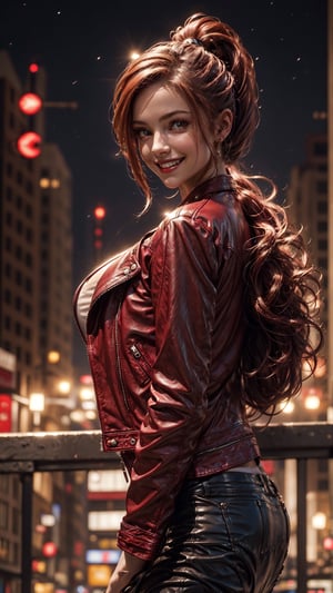 (4k), (masterpiece), (best quality),(extremely intricate), (realistic), (sharp focus), (award winning), (cinematic lighting), (extremely detailed), (epic), 

1girl, long hair, ponytail hair, red hair, honey eyes, cute smile, cute eyes, huge smile, very happy, 

open crimson red leather jacket,

City at night