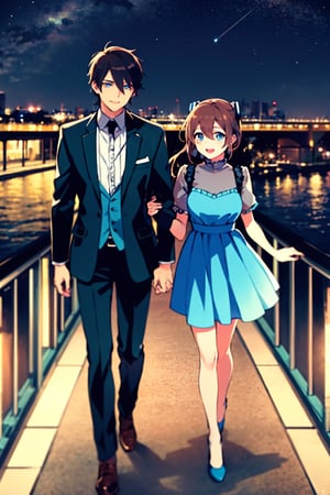 date night, on the balcony of an elegant restaurant, dim candles, night view of a coastal town, endless sea, dark sky, pretty girl on the balcony, elegant suit, nice hair, ((man with black hair and green eyes)) , ((miku_ nakano woman with brown hair and blue eyes)), low-cut red dress, delighted to see the viewer, walking towards her, couple,nm1