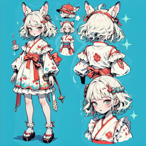 (comic book art style), character design, character sheet, full body view, full shot, front view, back view, simple cell shading, short hair, girl, woman body, pale skin, cute japanese street fashion, short dress with pattern, ruffles, long sleeves, long body, strong black borders, strong black lines, sharp outlines, sharp shadows, 8k, high quality, solid white background,