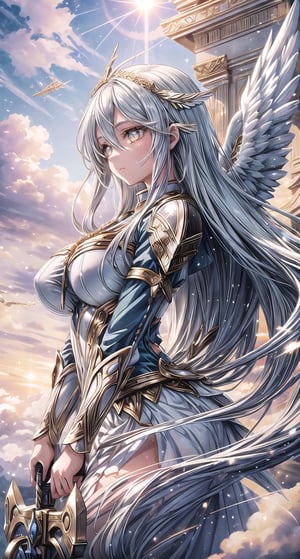 1 beautiful Valkyrie girl, very long delicated platinum hair, bright gold eyes, holding a magical valkyrie sword, big giant angel wings, large breasts, clouds and giant sun in background, detailed, masterpiece quality, close-up, front of view ,fantasy00d, beams light effect, symmetrical 