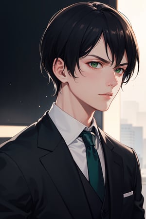 (detailed face: 1.2), Best quality, masterpiece, serious, ultra-high resolution, (photorealistic: 1.2), (best quality)), ((masterpiece)), A magnificent man, black hair, short hair, white skin , 17 year old, dark green eyes ((Dressed in a three-piece suit)), serious face, looking to his right side, photorealistic, dressed appropriately, full image, hyperrealistic, camera glare, film grains, UHD uncompressed 8K format, cinematic lights, cinematic colors, bokeh camera blur, realism, front view