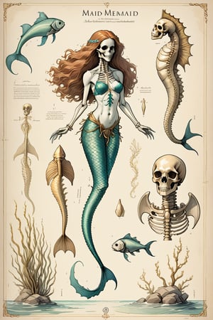 Concept art. Page from an ancient textbook. Anatomy of a mermaid, pen and watercolor illustrations. The page contains several images: Full-length image of a mermaid. mermaid skeleton diagram, fish tail skeleton, and anatomical details. High quality, details. Correct anatomy, good proportions