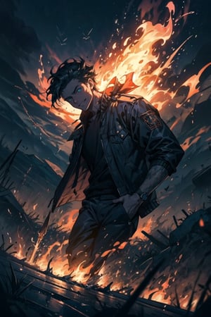 (masterpiece, best quality: 1.3), (8k wallpaper), (beautiful detailed faces and eyes), (detailed illustration), (super fine illustration), (vibrant colors), (professional lighting),
(Increasing weight makes things worse). In the eerie glow of the flames, a mysterious young man emerges with a macabre smile (wearing a jacket and shirt). In the middle of the desert night (8k wallpaper), his short black hair shines, revealing a perfect anatomy with torn clothes. A Dutch angle and cowboy shot capture the stormy air outside. With a crackling magic wand, he channels the power of fire. This enigmatic masterpiece perfectly combines fantasy and darkness in one captivating scene. blue Fire-