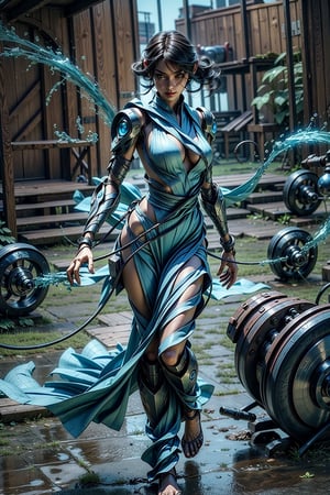 masterpiece, best quality, A cyborg woman, 30yr old, full body, clean and very detailed faces and hands, beautiful brown heir, she's standing at her office, ((cyborg)), ((blue metallic luster body)), fine details of clothing, Smooth body lines, ((wearing blue satin long dress)), robotic parts, robotic hands, vibrant details, hyper realistic, anatomical, cable electric wires, microchip, elegant, sun light from window, hyper realistic concept, 8k resolution,biopunk style,mecha,rototech,BBYORF,yushui