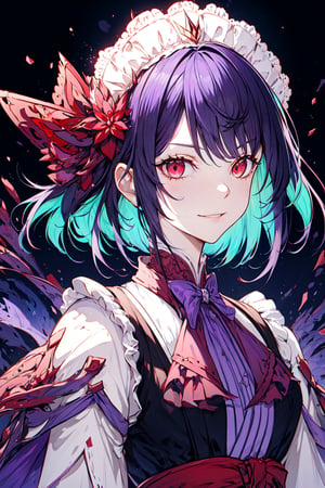 Very detailed illustration of an adult woman with ((short purple hair)), maid-like headdress, victorian ruffled dress in pink, smirk, ((red eyes)), dangerous looking, zoomed, japanese village environment, tetradic colors, cartoon, xenoblade chronicles merged with genshin impact, MSchiffer, fantasy, cartoonish vector, anime, manga, tetradic colors, (cel-shaded) flat coloring, night