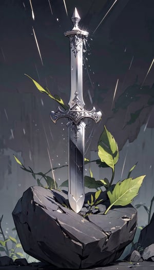 (best quality), (4k resolution), sketch of a sword stuck in a rock with leaves and rain falling around it. The sword appears to be made of stone and is chipped and cracked. The rock is also cracked and has a few leaves on it. The background is a dotted pattern. It looks like a symbol of a lost or forgotten legend