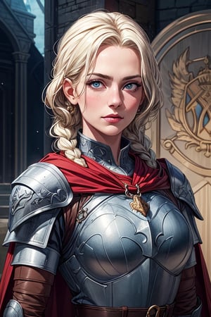 1 girl, adult russian woman, platinum blonde dutch braid, portrait, solo, upper body, looking at viewer, detailed background, detailed face, protector, keeping watch, chainmail armor, leather gauntlets, heraldry,medieval atmosphere, cape, emblem