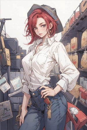 masterpiece, (cowgirl in Red Dead Revolver), cowgirl hat, best quality, oil painting style, gold frame, canteen in the background, revolver in her pants holster, jeans, shirt half open, medium breasts, hair long, red hair.