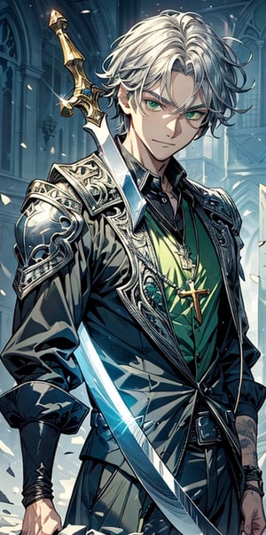 (best quality, masterpiece, illustration, designer, lighting), (extremely detailed 8k CG wallpaper unit), (detailed and expressive green eyes), detailed particles, beautiful lighting, a handsome boy, short black messy hair, ( wear a gray mercenary suit with sleeves rolled up, with a silver cross necklace, holding a silver sword while resting it on his shoulder) smile, slim and fit physique (Eugene from the novel Damn Reincarnation), (Pixiv anime style) , (Wit studios), (manga style),