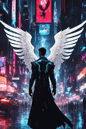 1 anime girl,full dress, Glowing White dress,White angel_wings,((saint's halo:0.8)),non-playable character (NPC), standing in a city at night, a standing still,((side angle shot,Half body view)),2019 anime trends,eboy,cyberpunk influences,digital cyberpunk art,ArtStation, Beeple, and Pinterest,Tron and Lucifer,(AMOLED display colors),((atmospheric with modern cyberpunk influences)),detailed lighting,highly stylish,1 angel,an anime wallpaper.,Leonardo Style,dripping paint,oni style