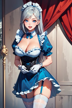 (1mature lady:1.37), solo, Solo girl, {{full body}}, hyper-detailed, ultra-sharp, hyper sharp focus, insanely detailed beautiful anime style:1.37, (at beautiful blue rose garden), (((age of 25:1.3))), cowboy shot, ((:d:1.2)), (best smile:1.3), ((slender)), large breasts, BREAK, (((insanely detailed blue alternate costume))), (((insanely detailed clothes))), (upper cleavage:1.5), (((puffy sleeves))), BREAK, ((ash gray hair:1.3, silver long straight thin hair:1.3, blue eyes)),(kawaii:1.5), ((blue bow)), BREAK, (detailed blue embroidery frills sexy maid clothes:1.4), (((frills skirt:1.6))), (blue corset:1.3), (detailed embroidery frills sexy white garter straps:1.3), (detailed embroidery frills sexy white thighhighs:1.4), (white_gloves:1.3), (highheel:1.2), BREAK,  (insanely detailed face:1.3), (insanely detailed eyes:1.3), (insanely detailed hair:1.3), BREAK, ((gorgeous flower garden background, beautiful flower garden, detailed background)), cinematic light, perfect anatomy, perfect proportion, detailed human hands, perfect human hands, 4fingers and thumb, frame the head, no human background, ,perfecteyes
