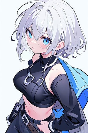 (masterpiece, best quality, highres:1.3), ultra resolution image, (1girl), (solo), (short guy's hair, tomboy:1.2), gray hair, blue eye, breast, black harness belt, navel, black turtleneck, white crop top, girl friend, looking at viewer, mature body, tempting, lean forward, super close up, head forward, front view, breast forward, top view, head close up, dynamic pose