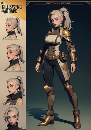 The concept character sheet of a strong, attractive and attractive warrior lady, futuristic style, post apocalyptic style, steampunk appearance, dieselpunk environment, steampunk soldier girl, technical clothing and armor, Cyberpunk costumes, steampunk style, her face is oval. The forehead is soft and visibly rounded at the temples. the jaw line is softly defined, giving it a gentle and feminine appearance, full body, full of details, front body view, back body view, highly detailed, depth, many parts, ((masterpiece, highest quality) ), 8k, detailed face (ponytail hair) (gray hair) (golden eyes), angry expression, infographic drawing. Multiple sexy poses. tattoos, 3d, SAM YANG, in case