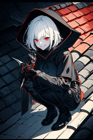 Very detailed illustration of a female assassin ((crouching on a rooftop)), holding daggers, white hair, she wears black clothes, black hood, smirk, red eyes, dangerous looking, full body zoomed, detailed eerie village environment, tetradic colors, cartoon, darkest dungeon merged with league of legends, MSchiffer, fantasy, cartoonish vector, anime, manga, tetradic colors, (cel-shaded) flat coloring, night