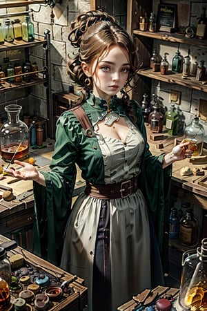 (masterpiece,best quality:1.2),Extremely detailed really cute young ginger woman potion mistress, magic, lots of colorful potions, glowy smoke, tetradic colors, bubly, detailed alchemist room, jrpg, cartoonish vector, volumetric lights, very detailed potions and alchemy laboratory scenery, colorful, dynamic, visually rich, whimsical, fairy tale, tomboy