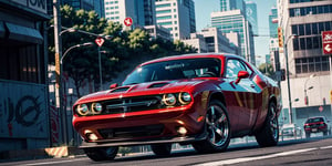 A detailed and realistic illustration of the Dodge Challenger, showing its classic design. The image should present the vehicle from a dynamic angle, highlighting its elegant lines, futuristic front grille and distinctive headlights. The Dodge Challenger should be depicted in an urban environment, emphasizing its role as a sports car. The illustration should capture the essence, with a color scheme that reflects its character.