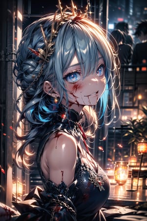  (masterpiece, best quality:1.3), (8k wallpaper), (detailed beautiful face and eyes), (detailed illustration), (super fine illustration), (vibrant colors), (professional lighting), 
One girl, (long blue hair, red blood eyes, evil smile), chlotes (red/blue/black elegant dress with worn parts:1.8), crown(black:1.8, with blood:1.8), background (lost castle:1.8, chains:1.8, darkness:1.8 ,ghosts, flying blue flames:1.8, scary night),colorful_girl_v2,YAMATO