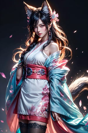masterpiece,{{{best quality}}},(realistic)),{{{extremely detailed CG unity 8k wallpaper}}},game_cg,(({{1girl}})),{solo}, (beautiful detailed eyes),((shine eyes)),fluffy hair,messy_hair,ribbons,hair_bow,{flowing hair}, (glossy hair), (Silky hair),((stockings)),(((gorgeous fractual 
kimono)))cold smile,stare,cape,,{({lacy}) ({{misty}}),(Brilliant light),cinematic lighting,((thick_coating)),(glass tint),(watercolor),(Ambient light),long_focus,(Colorful blisters), dynamic movement, background nine tails fox spirit, sexy body, shiny skin,yaohu, upperbody, fox goddess, sexual environment, love bubbles, fox spirit fire