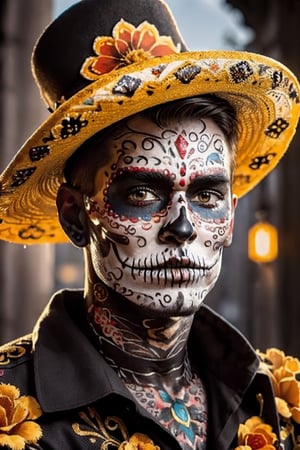 (Best quality, 8k, 32k, Masterpiece, UHD:1.2), 1 boy, full body image of a boy dressed in intricate black charro clothes with Charro white, hidden face paint, black white, orange flowers, many orange flowers , black and white Mexican hat, intricate details of the hat, ornamental stones on the face, defiant look, day of the dead, skull painting, portrait of a sugar skull, day of the dead makeup, wearing an orange tuxedo , detailed face and body, male face, masculine features, rough textured face, detailed perfect face, retouched face, realistic portrait photography, high quality portrait and attractive features, eyes, eyelid, focus, depth of field, film grain , ray tracing, detailed fabric rendering, detailed natural texture of real skin, visible skin pores, anatomically correct, Catrin,CatrinaMakeUp