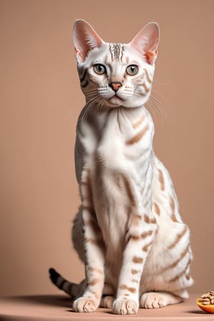 a white Bengal cat sitting on a light peach surface, light peach color background, white, Bengal cat, Scent Oats, cat sitting in a surface, a handsome, Bengal cat, proud looking, thick, sitting down casually, full body, a couple of oats design many oats top of a table, light-toned product photos, light and moody aesthetic, ligtht moody monochrome colors, oats skin, oats design, oats flavour, dark themed, oats color palate, oats moody colors,many oats desserts, many oats,
