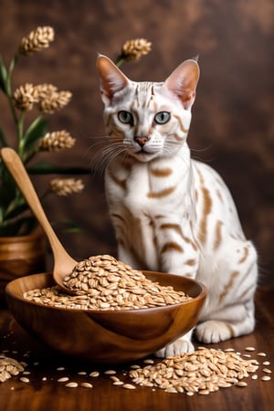 a white Bengal cat sitting on a Oats surface, wood spoon and bowl, wood spoon, oats plant and accessories, salted caramel color background, white, Bengal cat, Scent Oats, cat sitting in a surface, a handsome, Bengal cat, proud looking, thick, sitting down casually, full body, light-toned product photos, light and moody aesthetic, ligtht moody monochrome colors, oats skin, oats design, oats flavour, dark themed, oats color palate, oats moody colors,many oats desserts, many oats, oats plant