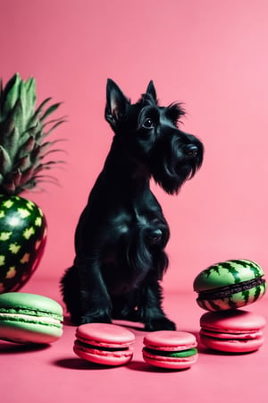 a white scottish terrier dog sitting on a light pink Coral surface, light pink Coral background, white, scottish terrier dog, white dog sitting in a surface, a handsome, scottish terrier dog, proud looking, thick, sitting down casually, full body, a couple of Watermelon design macarons sitting on top of a table, dark-toned product photos, dark and moody aesthetic, dark moody monochrome colors, Watermelon skin, Watermelon design macaron, dark themed, Watermelon color palate, Watermelon moody colors,many watermelon desserts and watermelon fruits,