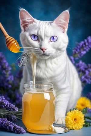 a white cat with blue eyes sitting on a white surface, white cat, Lavender flowers, a glass of milk with a splash of milk, white cat, portrait of a white cat, pale blue eyes!, silver eyes full body, blue-eyed, elegant cat, dominant wihte and blue colours, clear blue eyes, azur blue eyes, small blue eyes, beautiful cat, light-blue eyes, a jar of honey with a wooden spoon next to it, honey, milk with cat, white milk background, honey and white background, food with cup of milk, whipped cream, white, white cat, a milk and honey cat sitting in a surface, a handsome, proud looking, thick, sitting down casually, milk cup, full body, honey skin, milk cat skin, hair with honey, a piece of honey sitting on top of a plate, honey, dripping honey, honey dripping, amazing food photography, made of honey, honey and bee hive, honeycomb, close up food photography, wearing honey, Lavender flower, Lavender, glass of milk, flowing milk, puddle of milk, milk dripping, sea of milk, spilled milk, milk - bath effect, milk, soey milk, top milk brands, soymilk, milkman, liquid that has a viscous, viscous, pouring, milk puddles, milkshake, yogurt