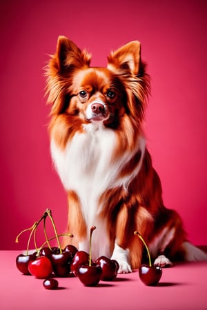 a light red color Papillion dog sitting on a red surface, long hair, long dog hair, only red dog, red dog cup cake, red puppy, not brown dog, red color cherry Cupcakes, Flavor is Cherry 🍒, light red color background, red, red Papillion dog, red dog sitting in a surface, a handsome, red color Papillion dog, proud looking, thick, sitting down casually, full body, a couple of Cherry fruits cut sitting on top of a table, Cherry photos, dark red Cherry colors, dark red skin, red fruits, dark themed, dark red color Cherry, dark and moody colors, Cherry fruits, red dog, Cherry fruits, Cherry the Scran Line Dorothy Cupcakes, cherry Cupcakes, The Scran Line Dorothy Cupcakes, cherry, (red red dog, red red red dog,)