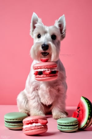 a white scottish terrier dog sitting on a light pink Coral surface, light pink Coral background, white, scottish terrier dog, white dog sitting in a surface, a handsome, scottish terrier dog, proud looking, thick, sitting down casually, full body, a couple of Watermelon design many macarons sitting on top of a table, light-toned product photos, light and moody aesthetic, ligth moody monochrome colors, Watermelon skin, Watermelon design macaron, dark themed, Watermelon color palate, Watermelon moody colors,many watermelon desserts and watermelon fruits, many macarons, macarons