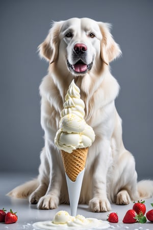 a white golden retriever dog sitting on a white surface, mixer of vanilla ice cream dessert with vanilla beans sticks and flowers, ice cream with dog, beans sticks,  white vanilla background, beige and white background, food with vanilla ice cream, whipped cream, white, white golden retriever dog, whipped cream on top, a ice cream dog sitting in a surface, a handsome, Golden retriever dog, proud looking, thick, sitting down casually, ice cream